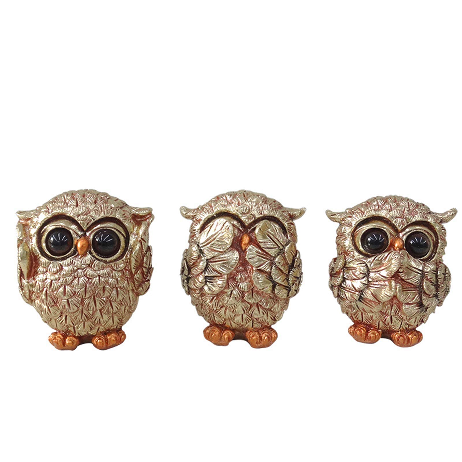 Juanxian 3 Owl Figurines Decor See No Evil Hear No Evil Speak No Evil Mini Cute Owl Statue Crafted Animal Sculpture Ornament for Home Office Tabletop Golden | W4398