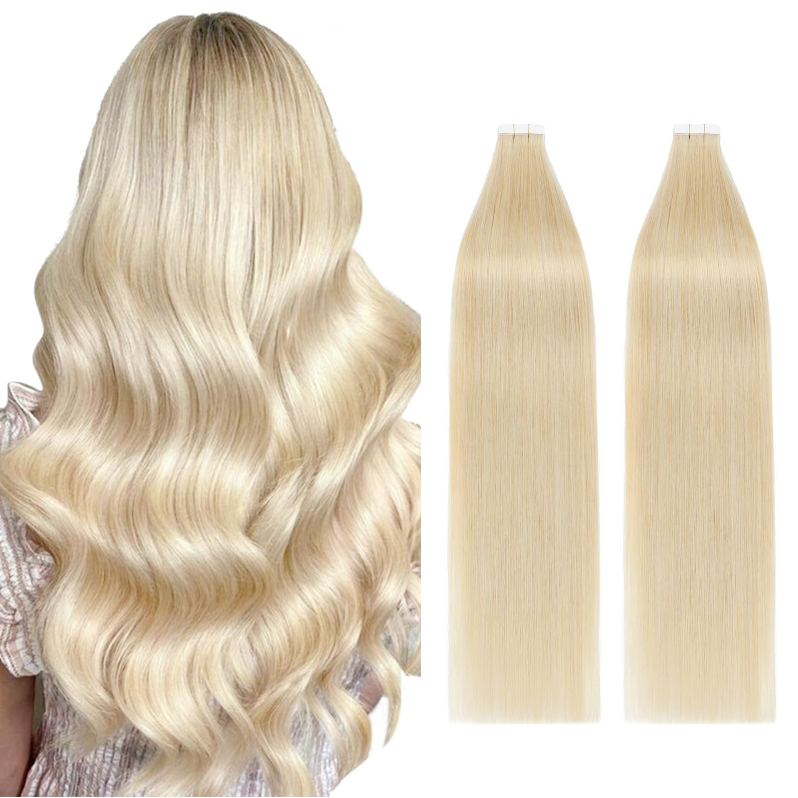 20inch Tape Hair Extensions Human Hair Real Remy Extension 40Pieces #613 Bleach Blonde Skin Weft 100g Seamless Straight
