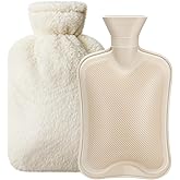 Dawdix 2L Natural Rubber Hot Water Bottle with Cover, Leakproof Design for Hot &amp; Cold Compress, Ideal for Menstrual Cramps/Hand &amp; Feet Warmer/Neck &amp; Shoulder Pain Relief, Ultra-Soft Touch, Cream White