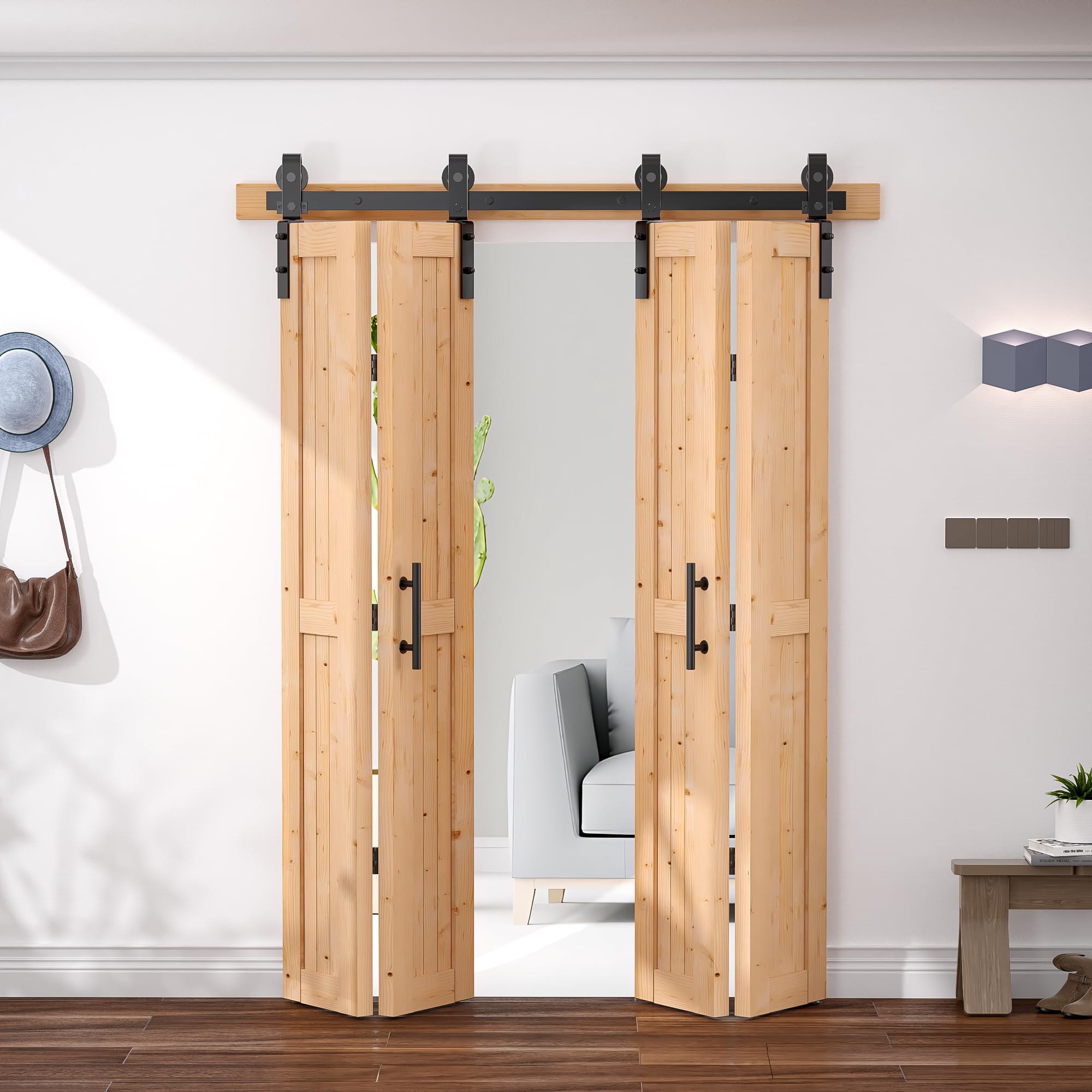 Photo 1 of SANKEYTEW 52" x 84" Bi fold Barn Door with 60" Bifold Barn Door Hardware Kit for 4 Doors, No-Assembly Solid Spruce Wood Folding Doors, Barn Door Hardware, and Double Sided Handle Pulls Included