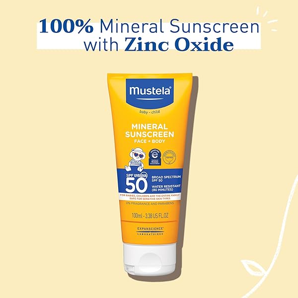 MUSTELA BABY MINERAL SUNSCREEN LOTION SPF 50 BROAD SPECTRUM – FACE & BODY SUN LOTION FOR SENSITIVE SKIN – WATER RESISTANT & FRAGRANCE FREE – REGULAR & FAMILY SIZE
