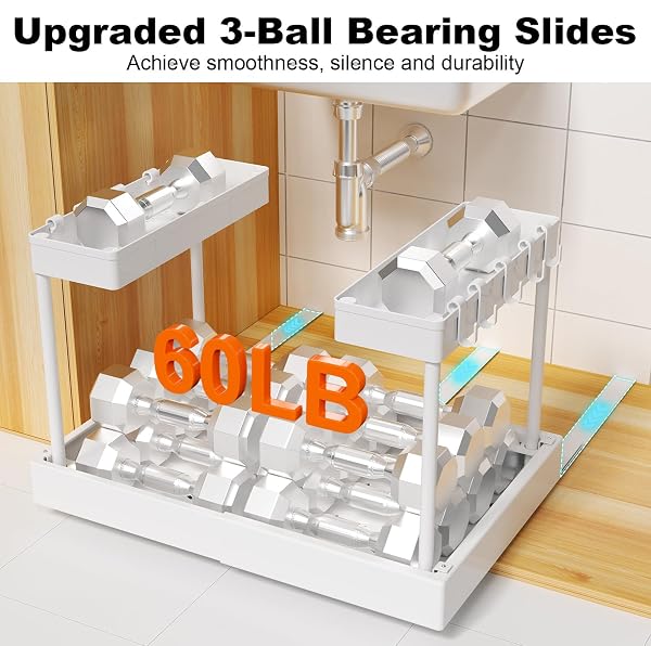 FOXHIVE EXPANDABLE PULL OUT CABINET ORGANIZER – ADJUSTABLE WIDTH 12-18″ & DEPTH 13-23″, 3-RAIL HEAVY DUTY SLIDE OUT DRAWER, NO-DRILLS ADHESIVE MOUNT, FITS LIP & LIP-FREE CABINETS (WHITE)