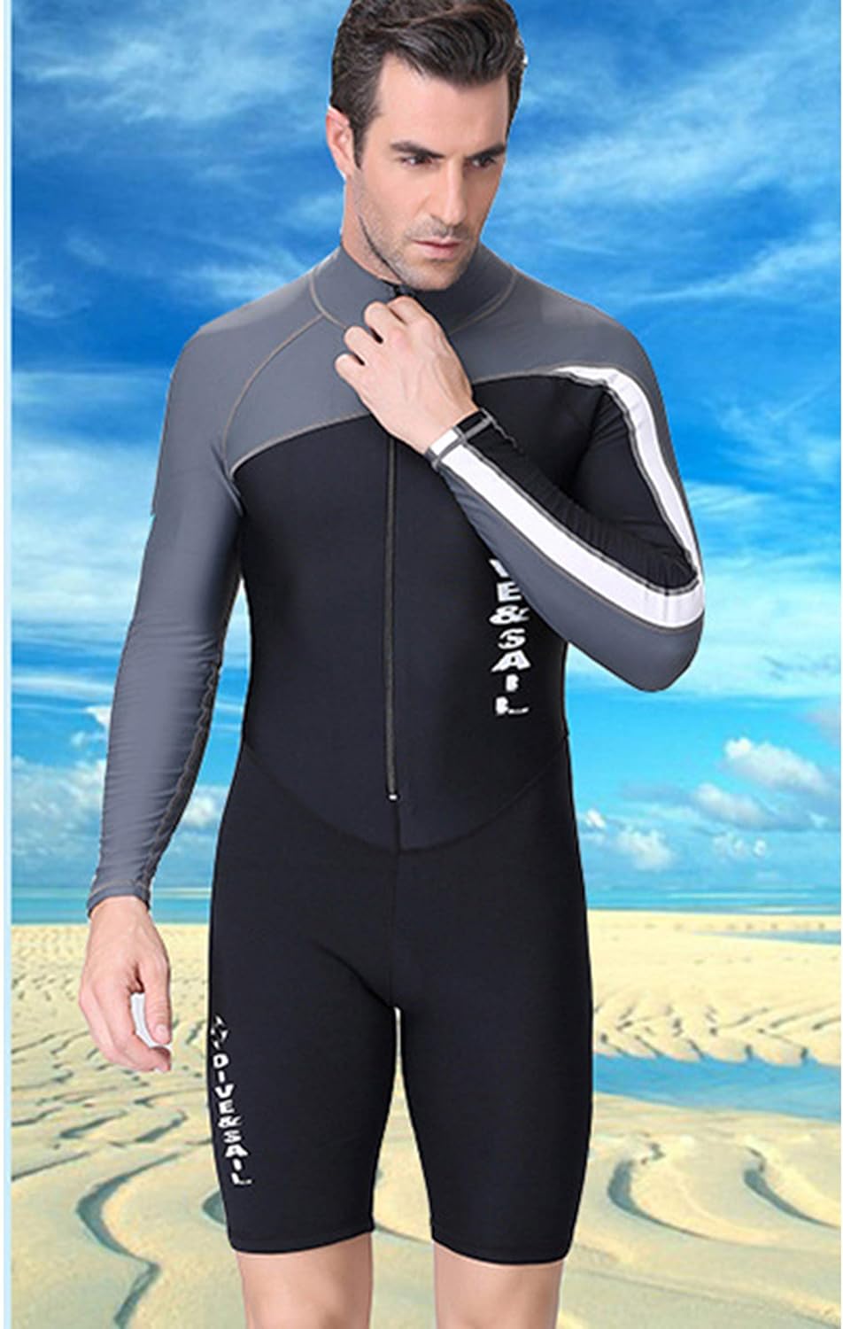 DIVE & SAIL Men 1.5mm One Piece Shorty Wetsuit UV Protection Long Sleeve Rash Guard for Diving Snorkeling Swimming : Clothing