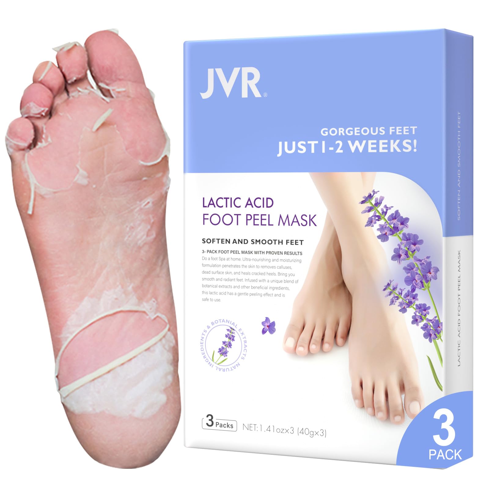 Foot Peel Mask, 3 Pack JVR Feet Exfoliating Mask, Moisturizing Socks, Footskin Care for Callus, Restoring Cracked Heel Dead, Dry, Hard Skin, Baby Soft Smooth Touch (Lavender) — image 1