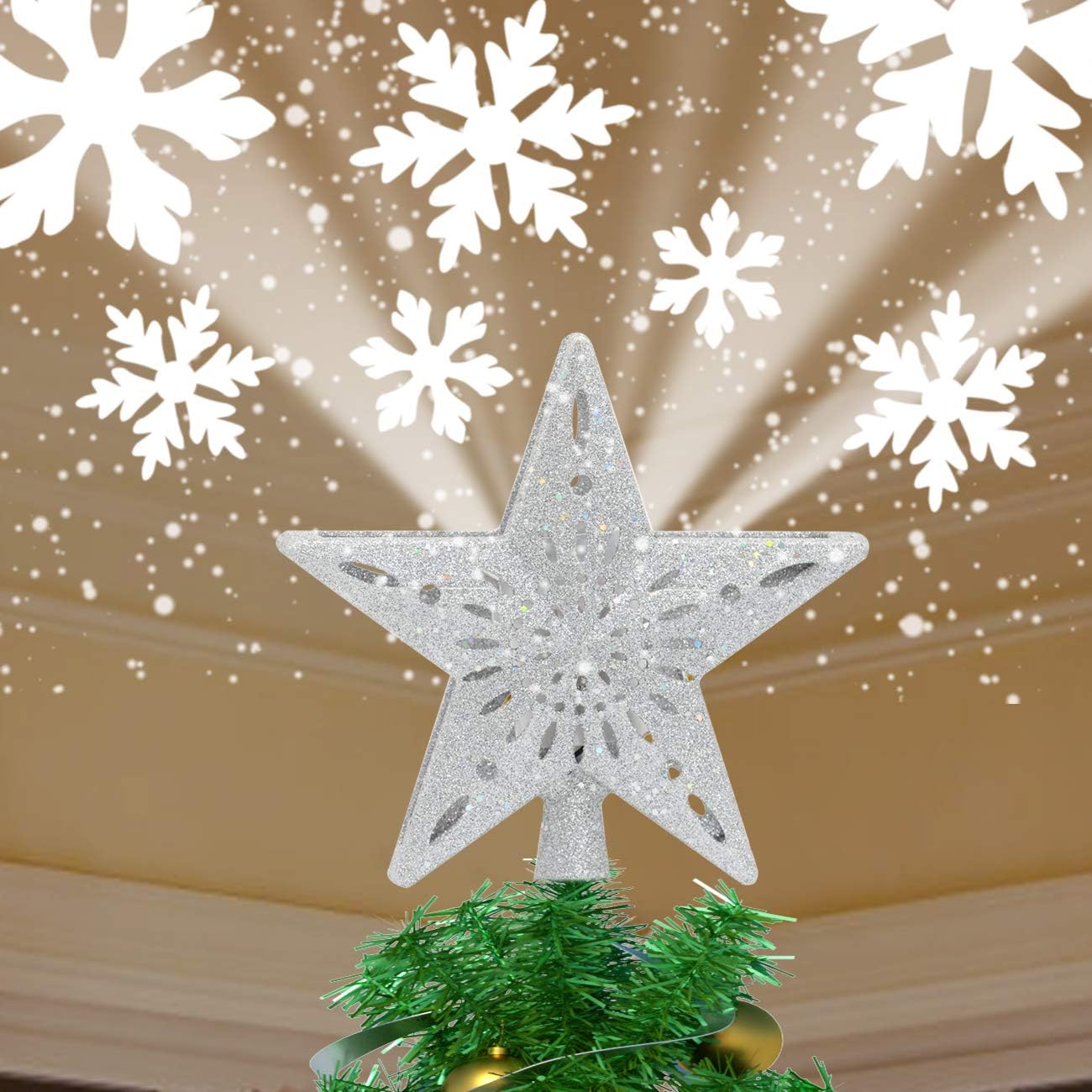 Tree Toppers - YOCUBY Star Christmas Tree Topper Lighted with Built-in Rotating Magic Ball, Christmas Decoration, LED Treetop Projector for Crown Christmas Tree, Xmas/Holiday/Winter Home Wonderland Party Ornament