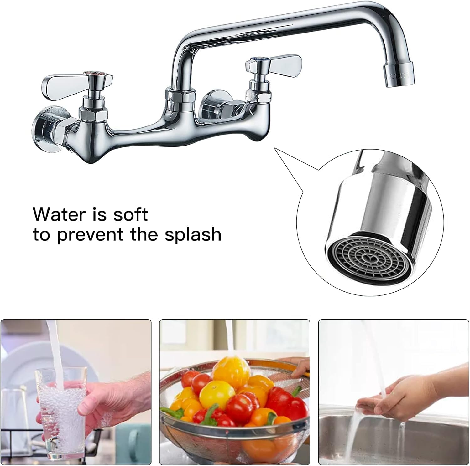 Kitchen Faucet Wall Mount Commercial Sink Faucet Kitchen Utility Laundry 8“ Swivel Spout 2 Dual Handle Restaurant Chrome Mixer Tap