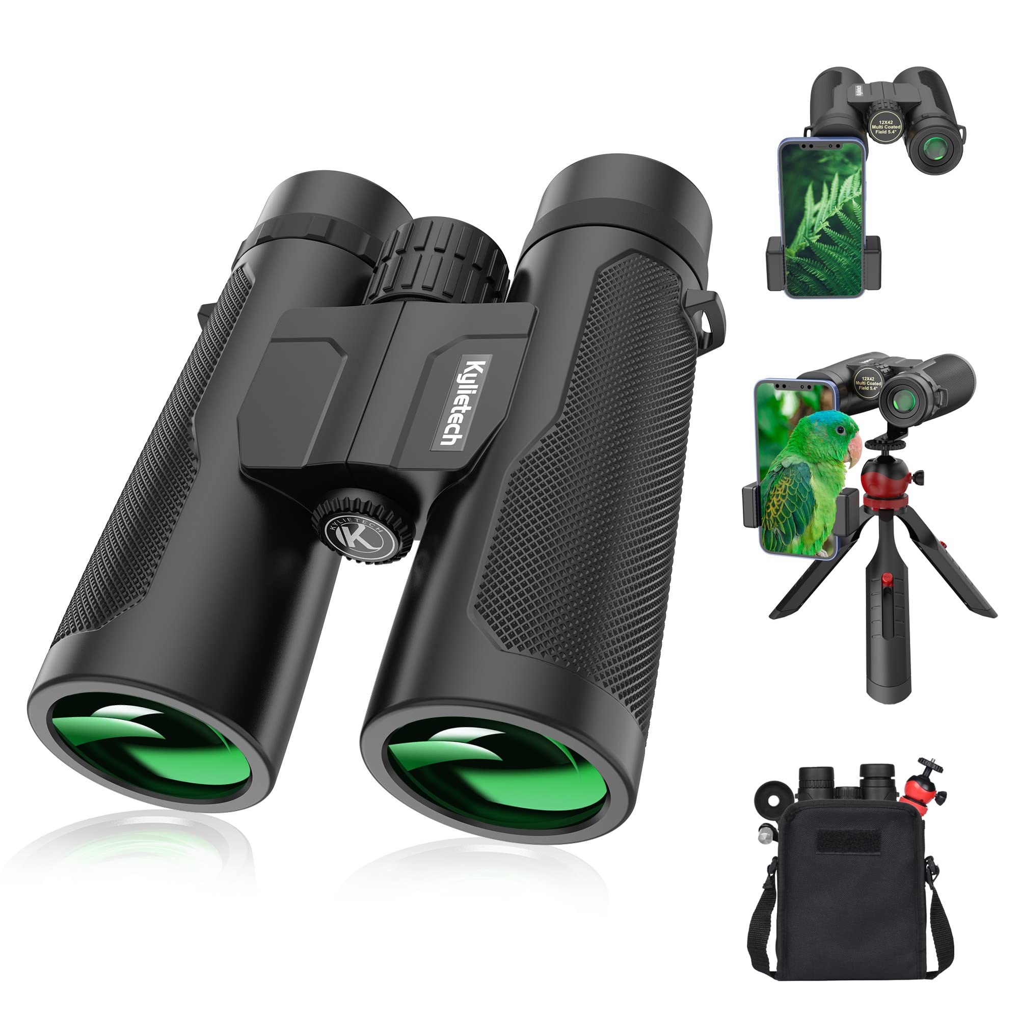 Binoculars for Adults, Kylietech 12x42 Binoculars with Tripod, Waterproof Bird Watching Binocular with BaK-4 Prisms, FMC Lens, Phone Adapter for Photography, Stargazing