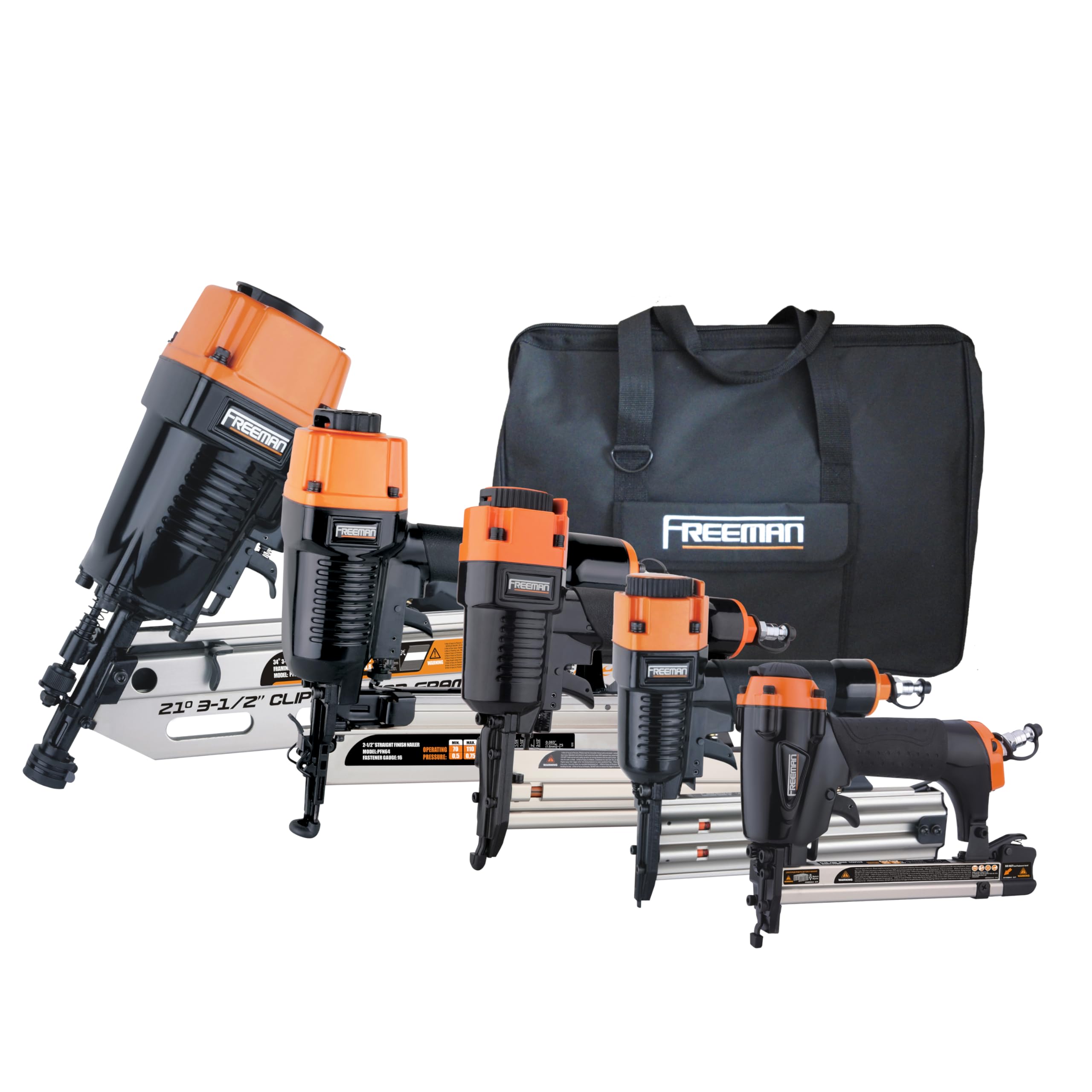 Freeman P5FRFNFWSCB ​​Kit combinado de grapadoras y clavadoras neumáticas para marcos y acabados con bolsa de lona y sujetadores (5 piezas), negro