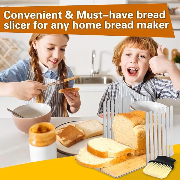 TKVAZK BREAD SLICER, STAINLESS STEEL BREAD SLICER FOR HOMEMADE SOURDOUGH BREAD, MANUAL BREAD SLICERS BREAD CUTTER WITH TOUGH BAMBOO CUTTING BOARD WITHOUT WORRY PLASTIC & WOOD SHAVING(NO KNIFE)