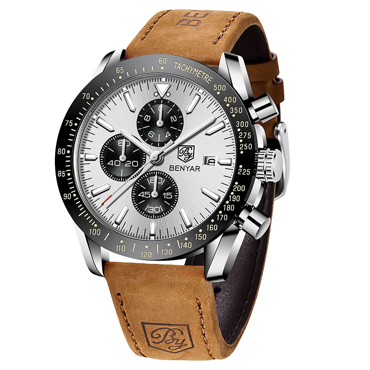 BENYAR Mens Watches Analog Quartz Chronograph Waterproof Luminous Watch for Men Business Work Sport Casual Brown Leather Band Dress Men's Wrist Watches Elegant Gifts for Men