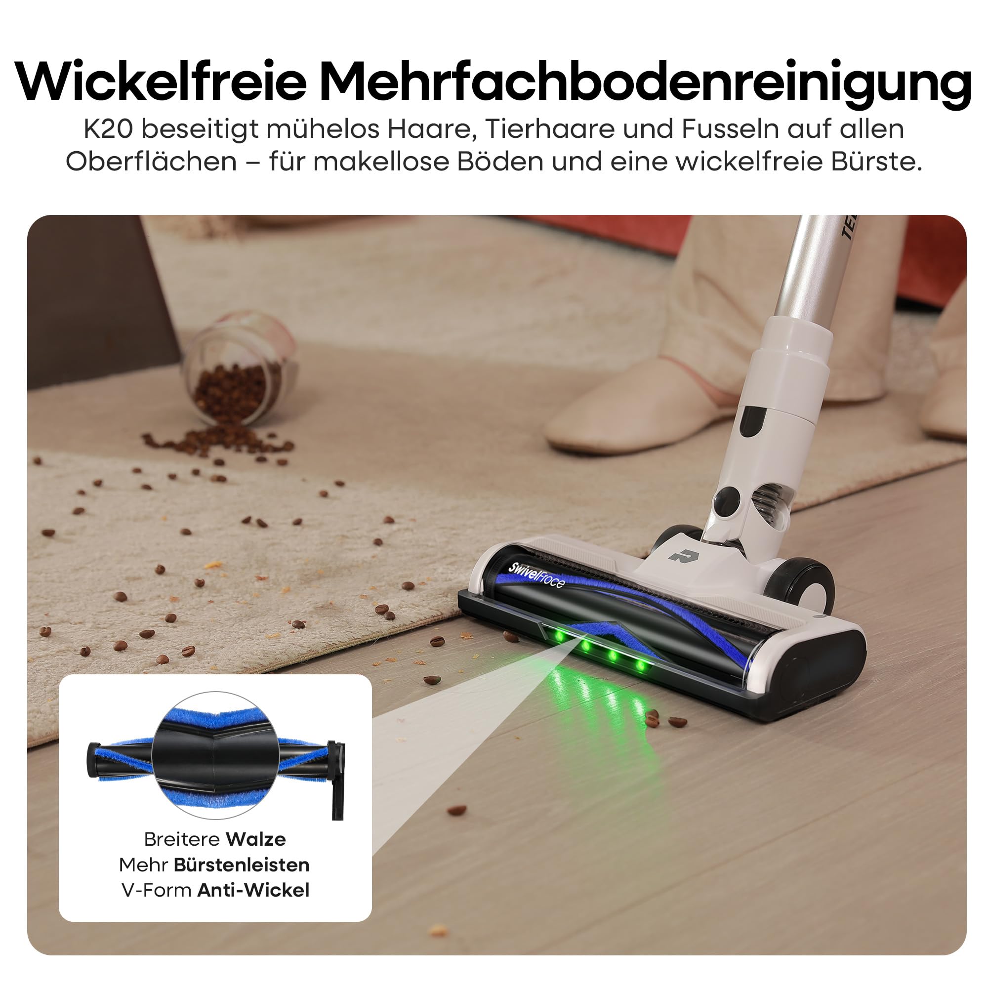 ElecKeys Akku Staubsauger 48000Pa/580W/65Min, Staubsauger Kabellos mit LED Display, Anti-Tangle-Bürste, Selbststehend, 7-Schicht-Filtration, Akkustaubsauger für Hartböden Teppiche Tierhaare, Weiß