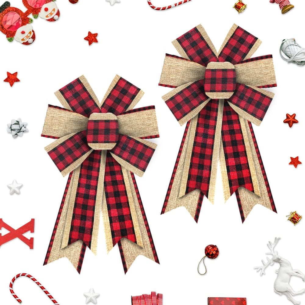 Bows & Ribbons - 2pcs Christmas Wreath Bows Christmas Bows Red Brown Buffalo Plaid Burlap Bows for Wreaths, Christmas Ribbon Bows Tree Topper Bows for New Year Home Indoor Outdoor Decoration Wreath Ornament Supplies