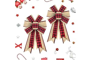 ON-AIRSTORE 2pcs Christmas Wreath Bows Christmas Bows Red Brown Buffalo Plaid Burlap Bows for Wreaths, Christmas Ribbon Bows Tree Topper Bows for New Year Home Indoor Outdoor Decoration Wreath Ornament Supplies