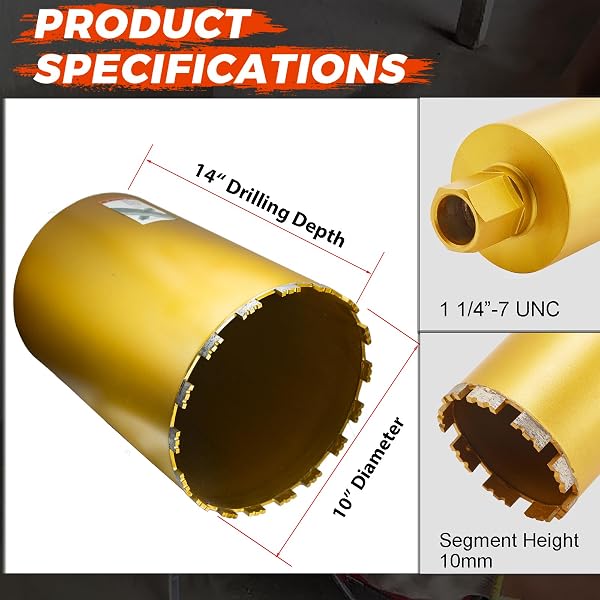 DADUORI 10 INCH WET CORE DRILL BIT, 10″ DIAMETER X 14″ DEPTH, 1-1/4″-7 THREAD DIAMOND CORE BITS FOR CONCRETE WITH REBAR, MASONRY, BRICK BLOCK,CEMENT, STUCCO, STONE (254MM)