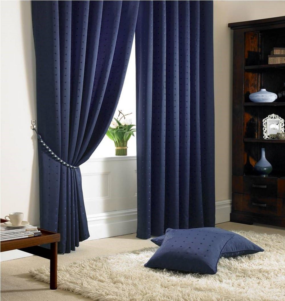 STUNNING NAVY BLUE CHECK PENCIL PLEAT FULLY LINED CURTAINS 66" X 72