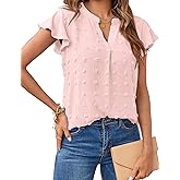 MEROKEETY Women's 2026 Spring V Neck Ruffle Short Sleeve Blouse Summer Swiss Dot Dressy Casual Flowy Shirt Tunic Top