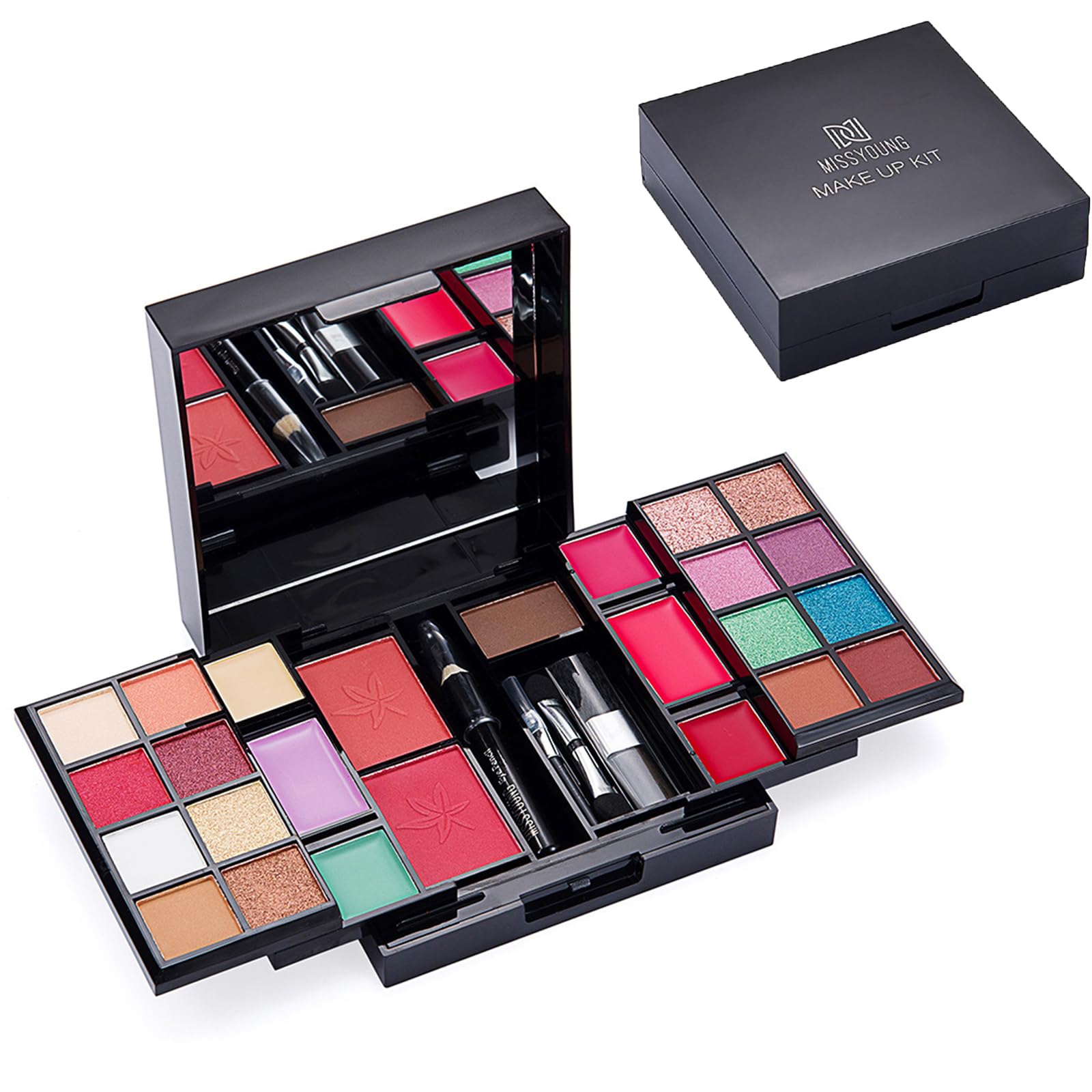 Holzsammlung Mini Professional Makeup Kit for Women Full Kit with Mirror 25 Colors All in One Make up Gift Set for Girls Included Eyeshadow, Concealer, Blusher, Lipstick, Eyeliner, Brush