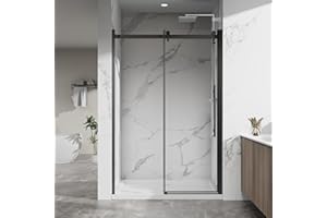 Bathenum 48.in W x 72.in H Frameless Shower Door Single Sliding, 1/4 inch Thick Clear Tempered Glass Shower Door with Zinc Roller Rail System, Stainless Steel Handle, Matte Black