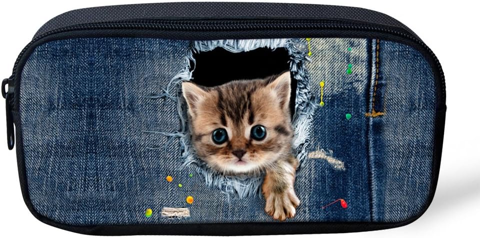 Coloranimal Cute Cat Denim Printing School Pen Bags for Girls, Cat Pattern-3