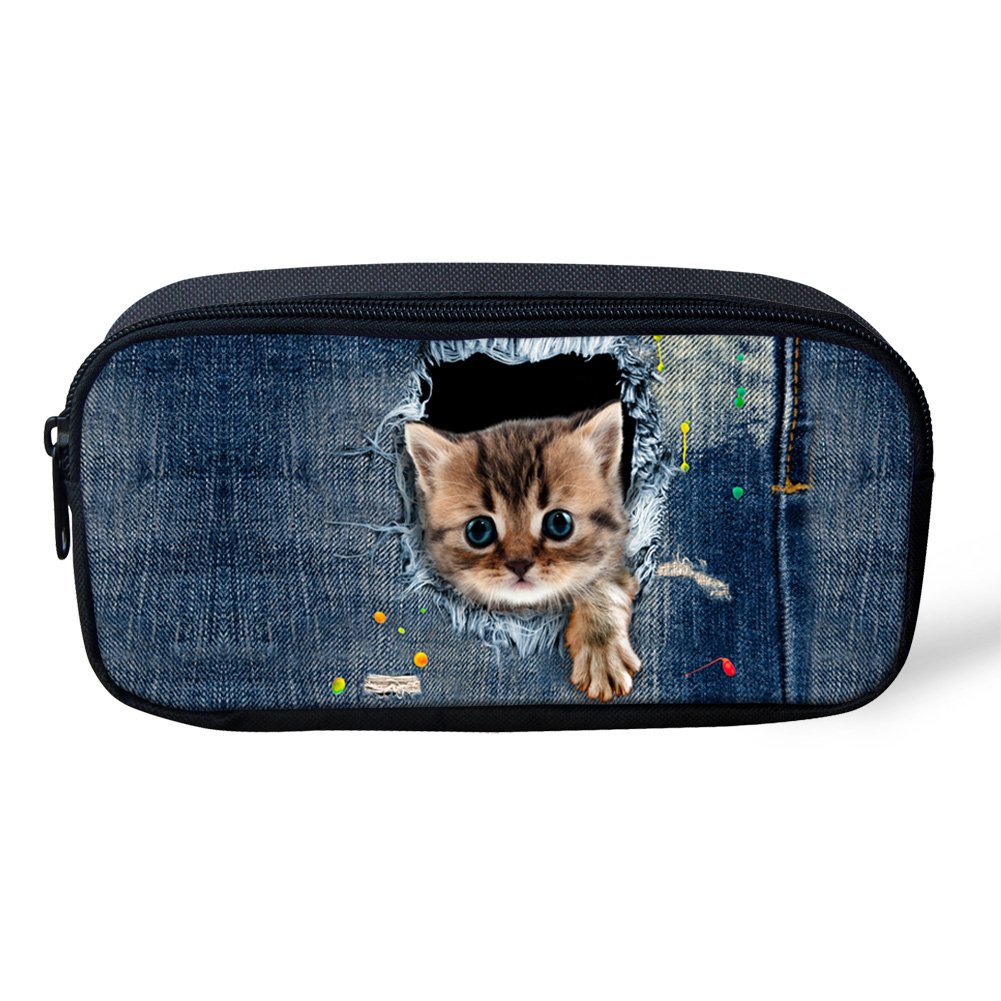 Coloranimal Cute Cat Denim Printing School Pen Bags for Girls