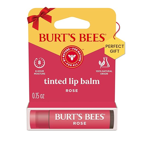 BURT’S BEES LIP TINT BALM, LONG LASTING 2 IN 1 DUO TINTED BALM FORMULA, COLOR INFUSED WITH HYDRATING SHEA BUTTER FOR A NATURAL LOOKING BUILDABLE FINISH, ROSE, 1 TUBE