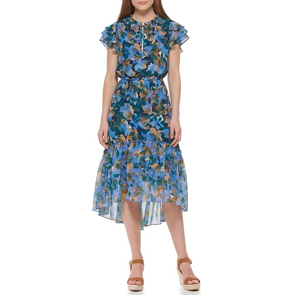flutter sleeve pleated midi dress Navy Flutter Sleeve Tie Front Midi Dress