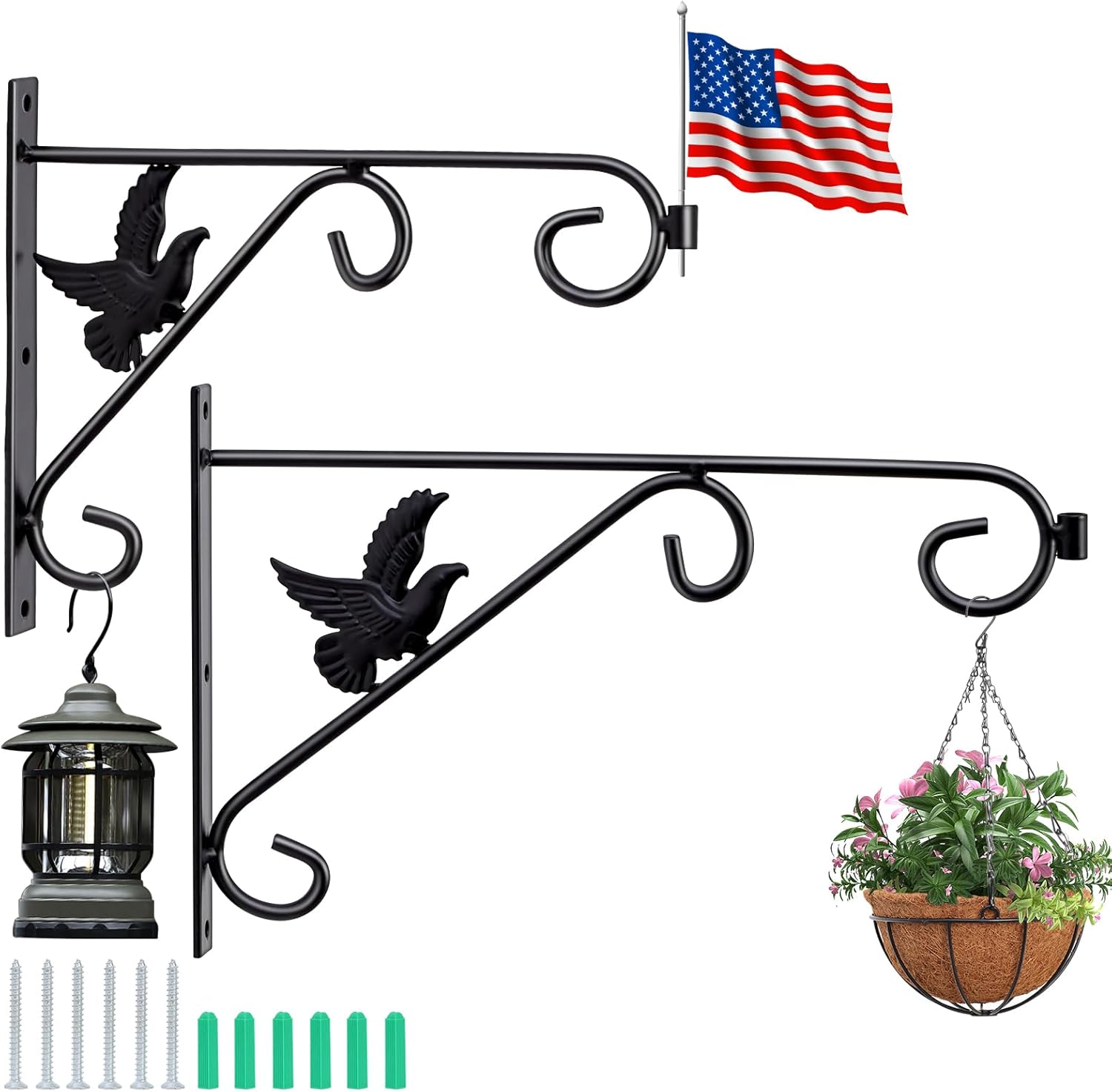 Outdoor Hanging Brackets - Tinaroy Plant Hanger Hook 2 Pcs Plant Bracket Metal Wall Hook, Plant Wall Hanger for, Solar Chandeliers, Planters, Lanterns, Wind Chimes, Bird Feeders, Outdoor or Indoor Plant Hook (2 Pcs). (10inch)