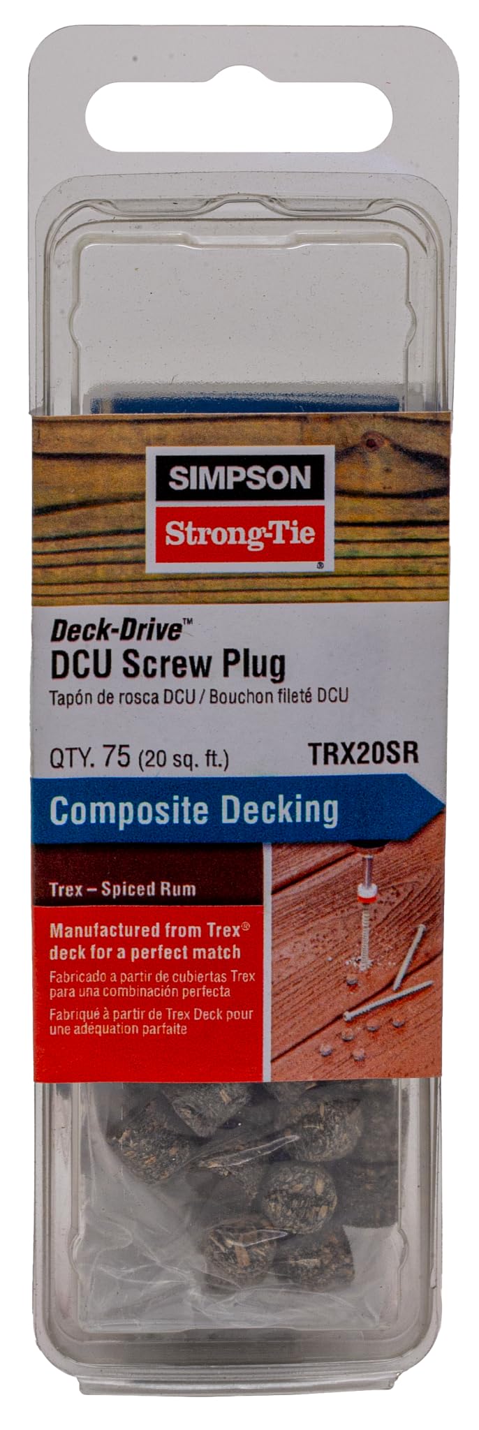 Simpson Strong Tie TRX20SR Trex Deck-Drive Dcu Screw Plugs, 20 sq. ft, Spiced Rum (75-Per Pack), Vinyl, Flat