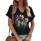 PUCKOLITY Vintage Flowers V Neck Shirt for Women Boho Floral Wildflowers Graphic Tee Casual Cottagecore Summer T Shirt