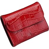 LFWATAXY RFID Blocking PU Leather Credit Card Holder Wallet for Women, Red Compact Accordion Card Case with Multiple Slots, Small Buckle Coin Purse, Stone Litchi Pattern ID Card Organizer