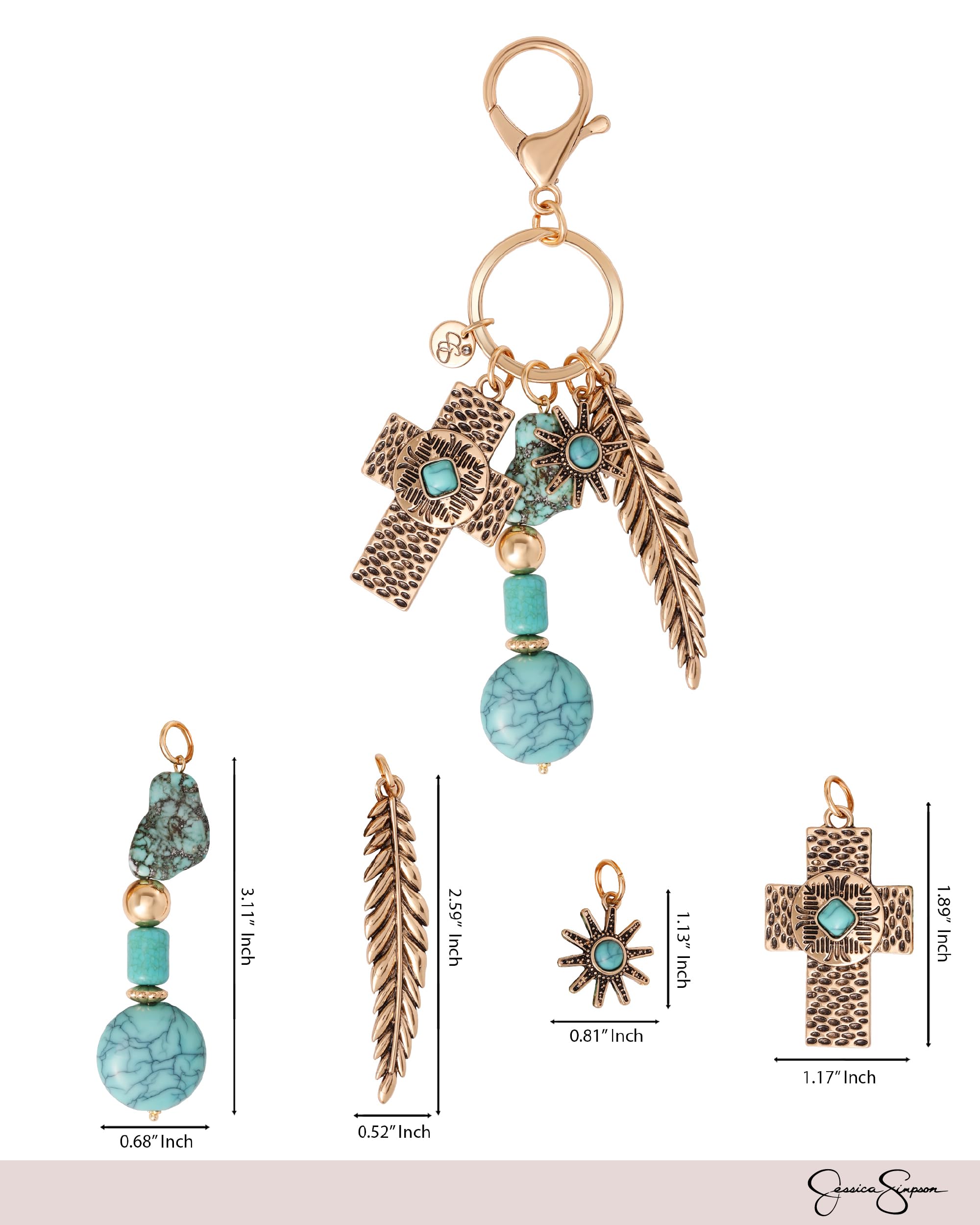 Jessica Simpson Turquoise Cross Keychain with Feather and Western Charms, Cross Bag Charm, Western Key Chain
