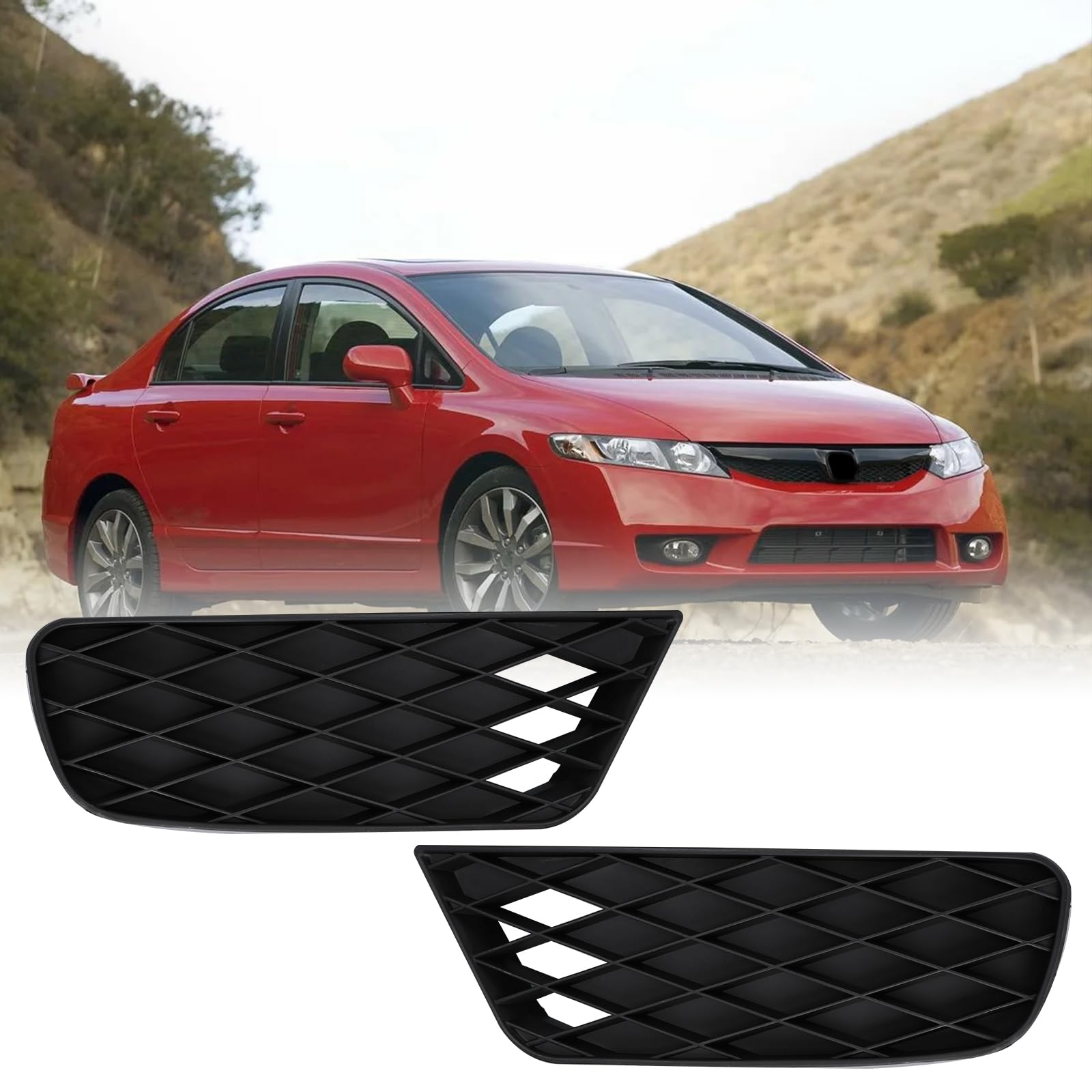 Photo 1 of Pair Fog Light Covers Bumper Insert Compatible with 2009-2011 Honda Civic Left Driver + Right Passenger Side, Front Lower Mesh Grille Fog Light Cover, OE Replace# 71108SNAA50, 71106SNAA50 (2Pcs/Set)