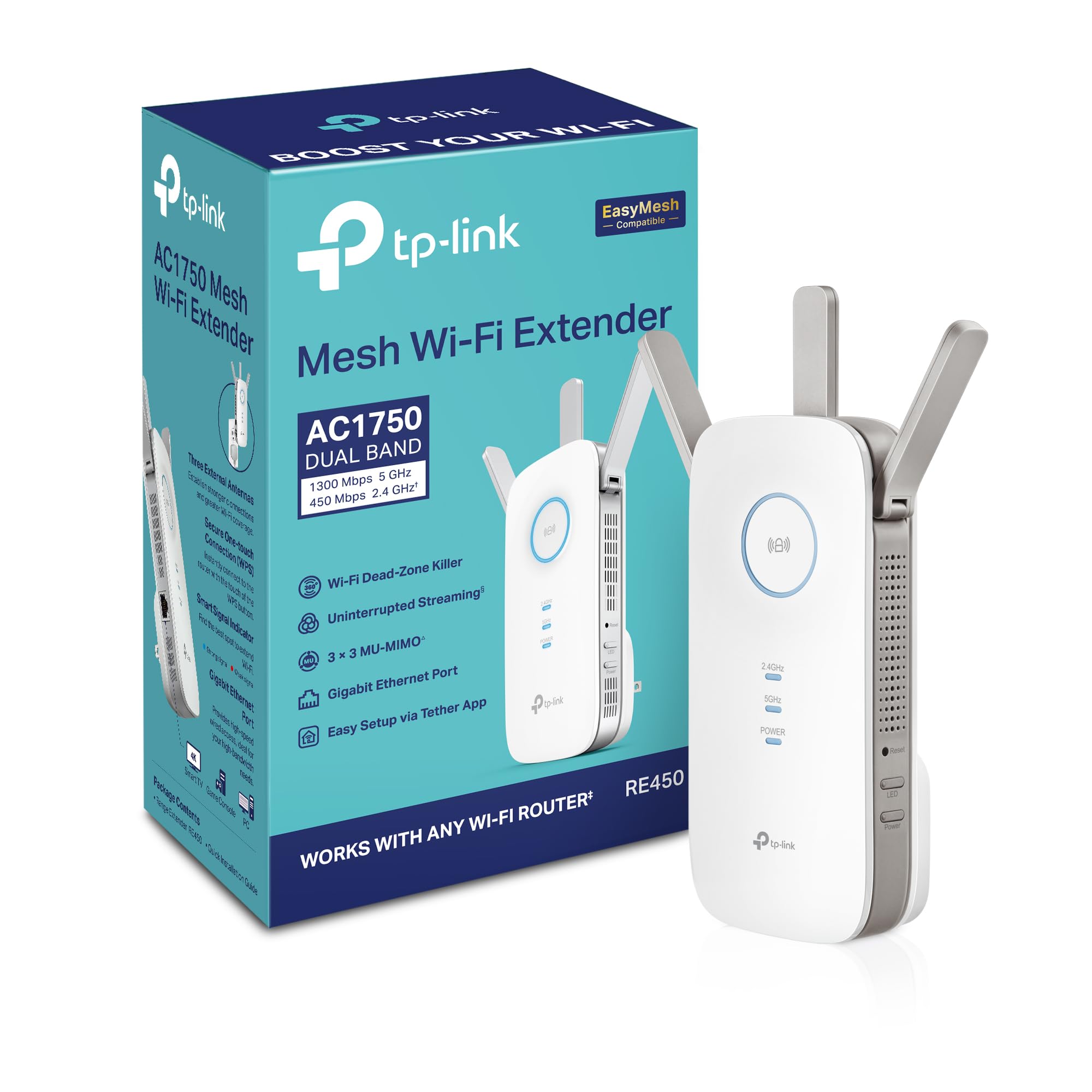 TP-Link AC1750 WiFi Extender (RE450), PCMag Editor's Choice, Up to 1750Mbps, Dual Band WiFi Repeater, Internet Booster, Extend WiFi Range further