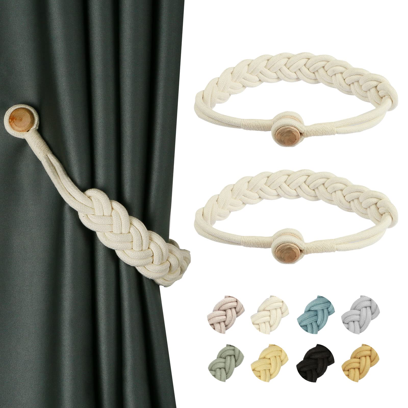 BEL AVENIR Curtain Tiebacks Magnetic Woven Curtain Holdback Drapery Tie-Back (Ivory Braid-2 Pack)