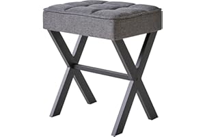 IBUYKE Square Makeup Stool with X-Leg Foot Rest, Linen Footrest, Ottoman Seat, Multi-Use as Small Side Table, for Bedroom, Living Room, Dark Gray LG-70G