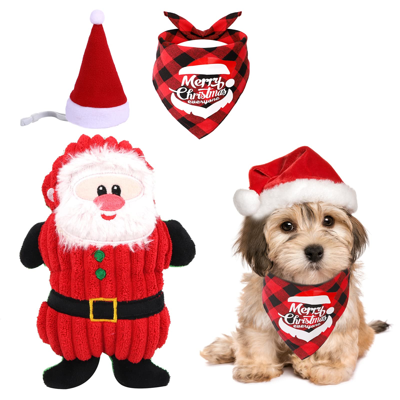 3PCS Dog Include Plush Squeaky Dog Toys, Christmas Bandana and Hat, Puppy Xmas Stocking Gifts for Small and Medium