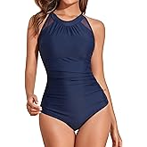 Smismivo High Neck Swimsuits for Women Full Coverage One Piece Bathing Suit Modest Slimming Tummy Control Retro Swimwear