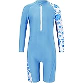 Kukume Girls One Piece Rash Guard Swimsuit Long Sleeve Swimsuits with Zipper Patchwork Beach Bathing Suit for Kids 4-13 Years