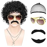 Atatoray 70s 80s Disco Wig 6pcs Set Short Afro Curly Wigs for Retro Disco Outfit Men Party Hippies Rocker Cosplay Costume (Black)