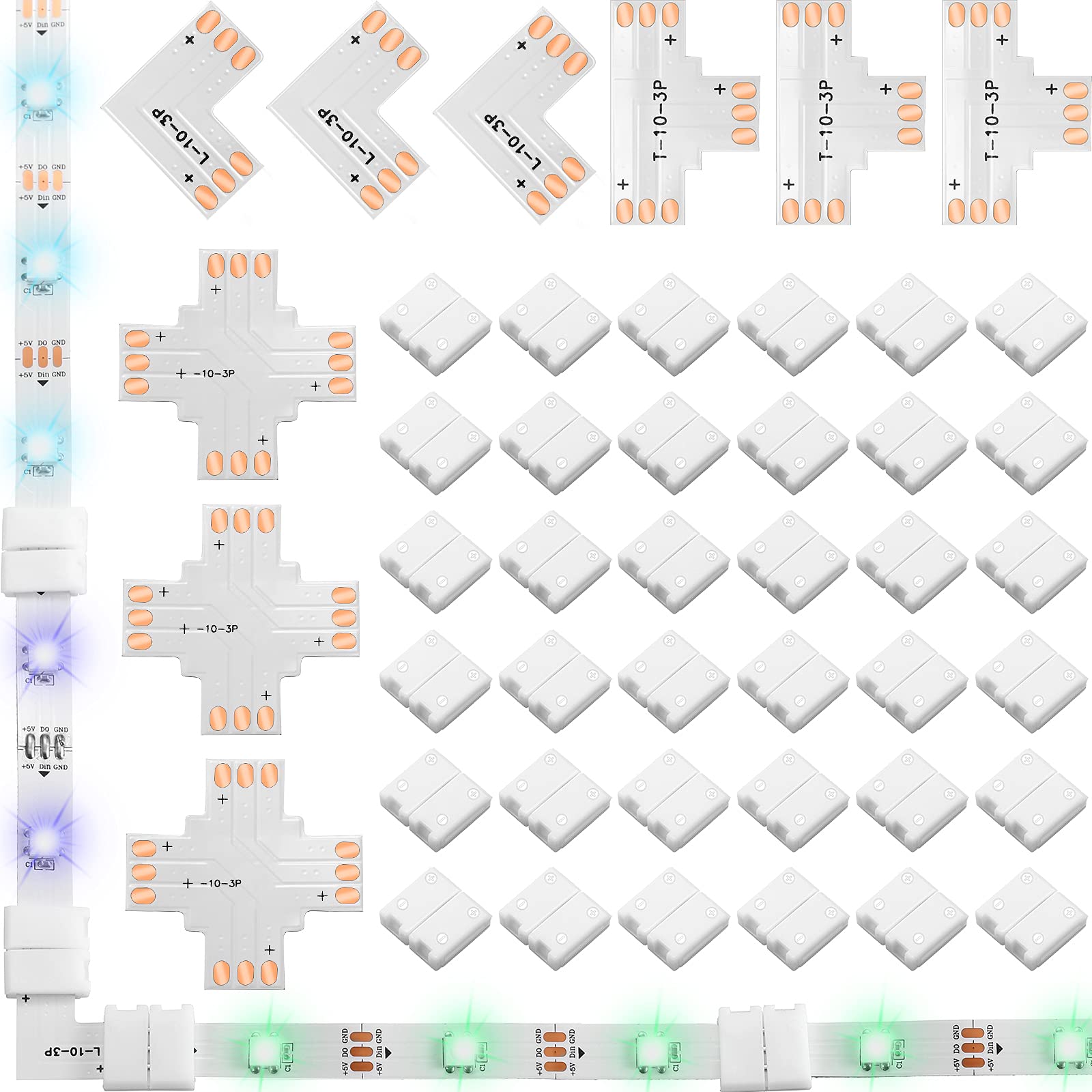 Photo 1 of 48 Pieces 3 Pin 10mm LED Strip Connector No Soldering Required LED Strip Connector Kit - Gapless,L-Shape,X-Shape,T-Shape Adapters for WS2811 WS2812B SK6812