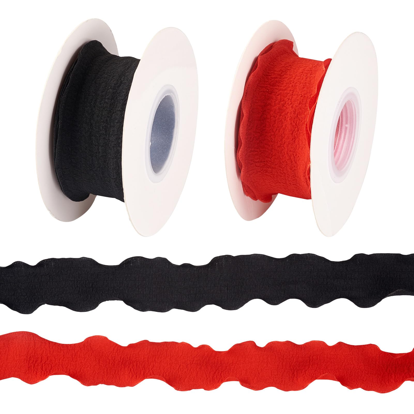 Magibeads 18 Meters Polyester Ruffled Ribbons 1-5/8" Wired Edge Pleated Ribbon Wrinkle Ribbons for Cloth DIY Making Flower Bouquet Wedding Decor Gift Wrapping 9 m/roll(Black, Red)