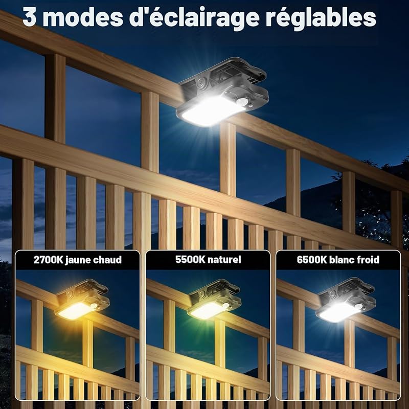 4 lampes solaires avec clip avec détecteur de mouvement, lampes solaires pour extérieur de 3 modes & 3 couleurs, 800lm, USB+Télécommande, Lampe solaire étanche pour balustrade, 4 Pièces — photo 4 sur 8