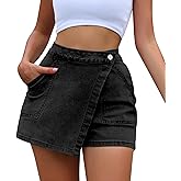 Women High Waisted Wrap Denim Shorts Casual Y2k Denim Cargo Jeasn Skort Cross Over Waist Asymmetrical Mini Shorts