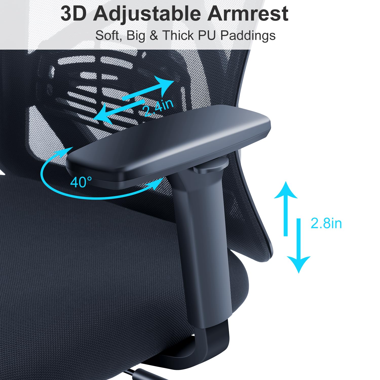 Ticova Ergonomic Office Chair - High Back Desk Chair with Adjustable Lumbar Support, Headrest & 3D Armrest - 130°Rocking Mesh Computer Chair - Image 4