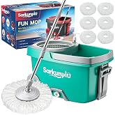Sarkunpio Spin Mop and Bucket Set with 6 Microfiber Heads, Teal | Floor mop with wringer, hand-press wringing, 61" extra-long handle, spinning mopping floor cleaning system for home floors