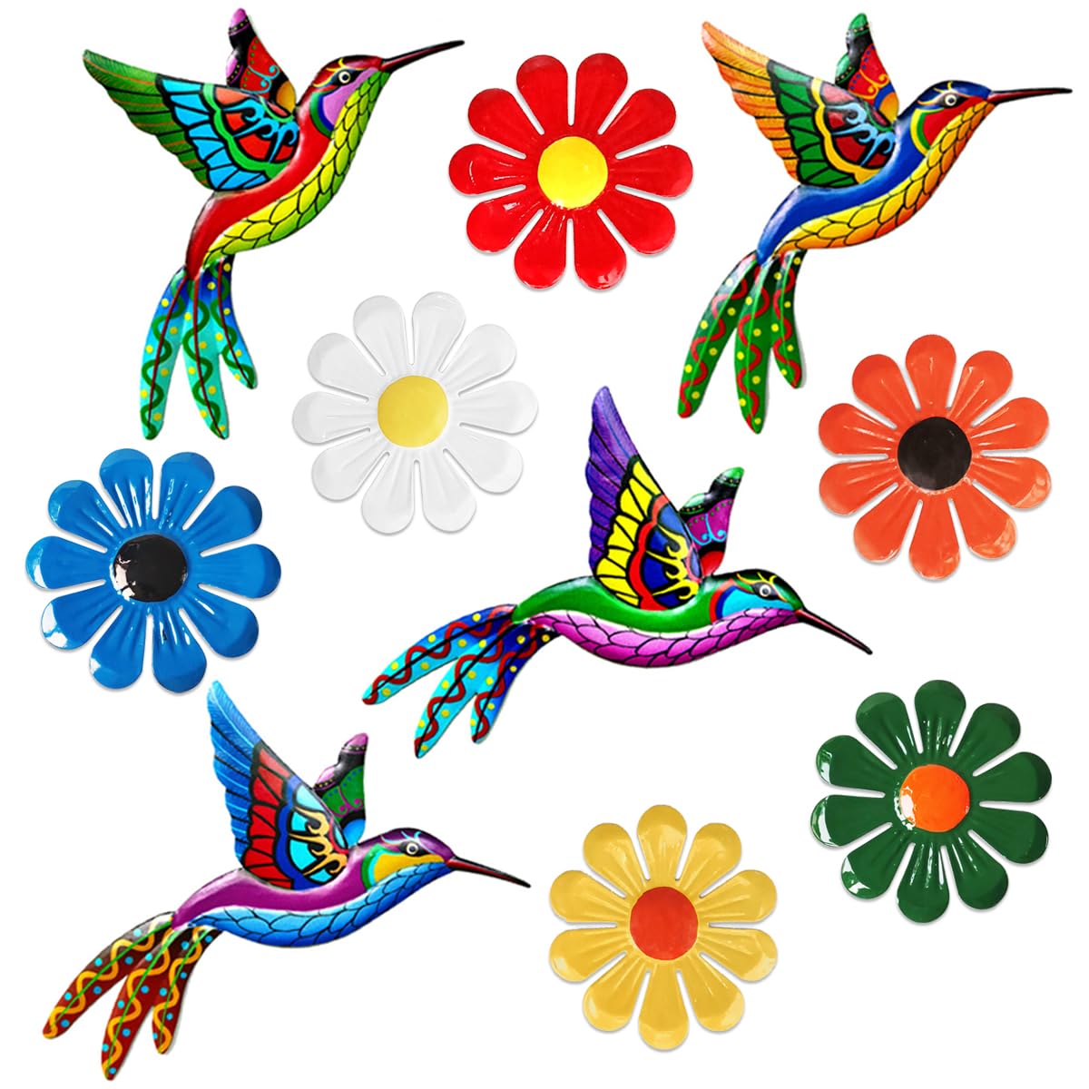 Tsilin 4 Pcs Metal Hummingbirds and 6 Pcs Metal Flowers Garden Decor Statues Wall Decor Sunflower Hanging Sculptures For Home Bedroom Outdoor Backyard Porch Patio Fence Decorations