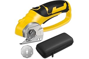 PRATUOR Cordless Electric Scissors - 4V Rechargeable Rotary Cutter with Safety Lock & LED Light, Heavy Duty Tool for Cardboard, Leather, Carpet, Plastic, Fabric, Crafting, Sewing & DIY, with Case (Yellow)