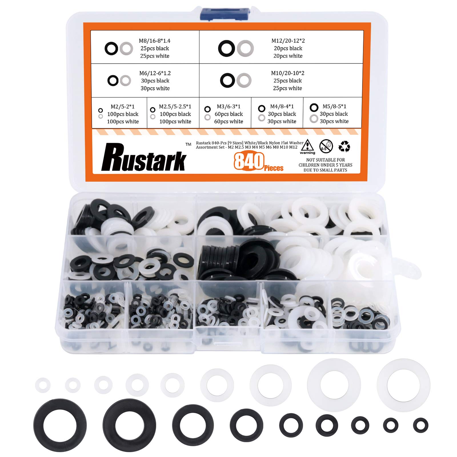 Rustark 840-Pcs [9 Sizes] White/Black Nylon Flat Washer Assortment Set - M2 M2.5 M3 M4 M5 M6 M8 M10 M12