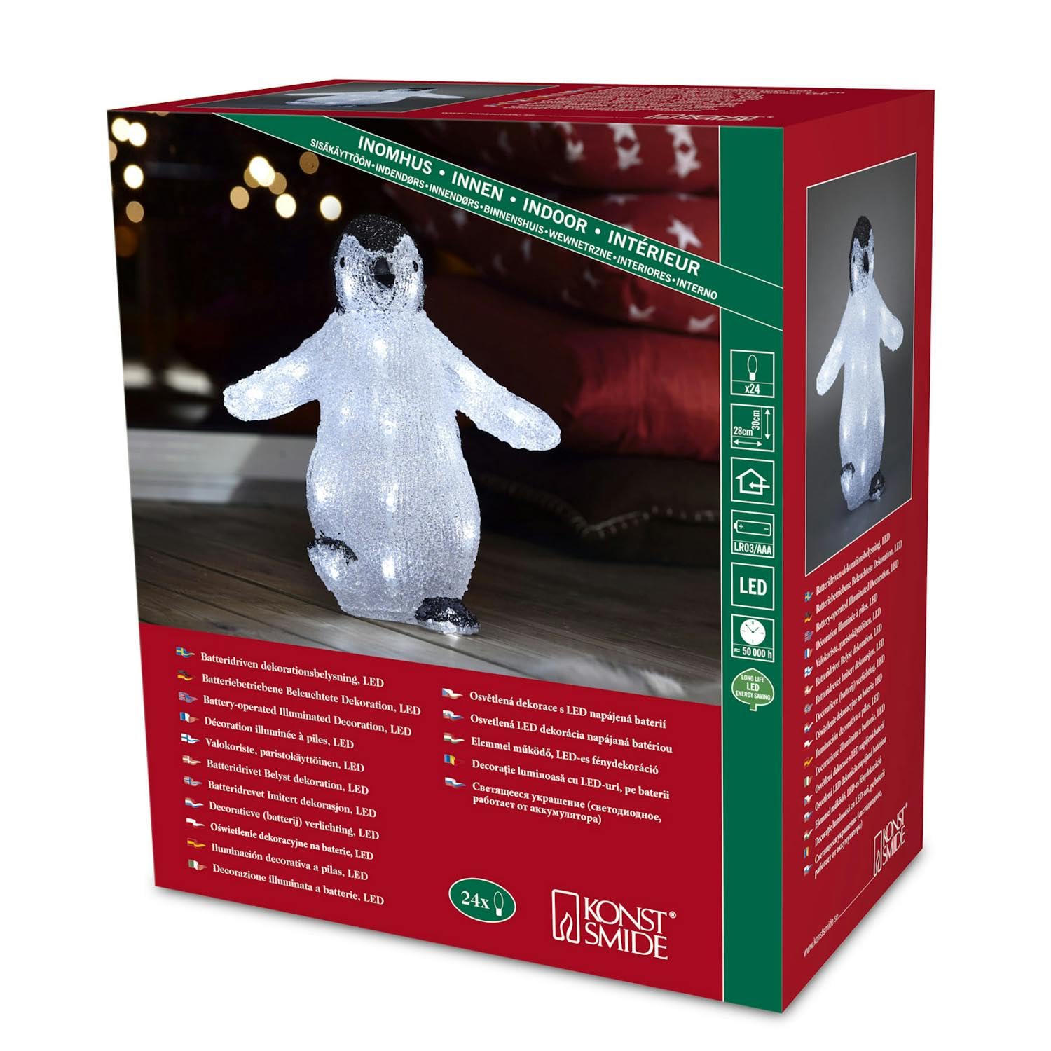 Konstsmide Acrylic Black/White Penguin, 30cm, 24 LED : Battery Operated : 6184-203