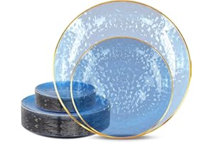 100 Pcs Clear Blue Plastic Plates Bulk, Hammered Plastic Plate with Gold Rim, Disposable Party Plate Set - 50 x 10'' Dessert 